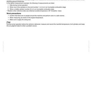 May include: A white document with the title "Judgment criteria" and numbered points detailing measurement procedures. Includes text about engine temperature and safe work practices. The document is dated 10-2008.