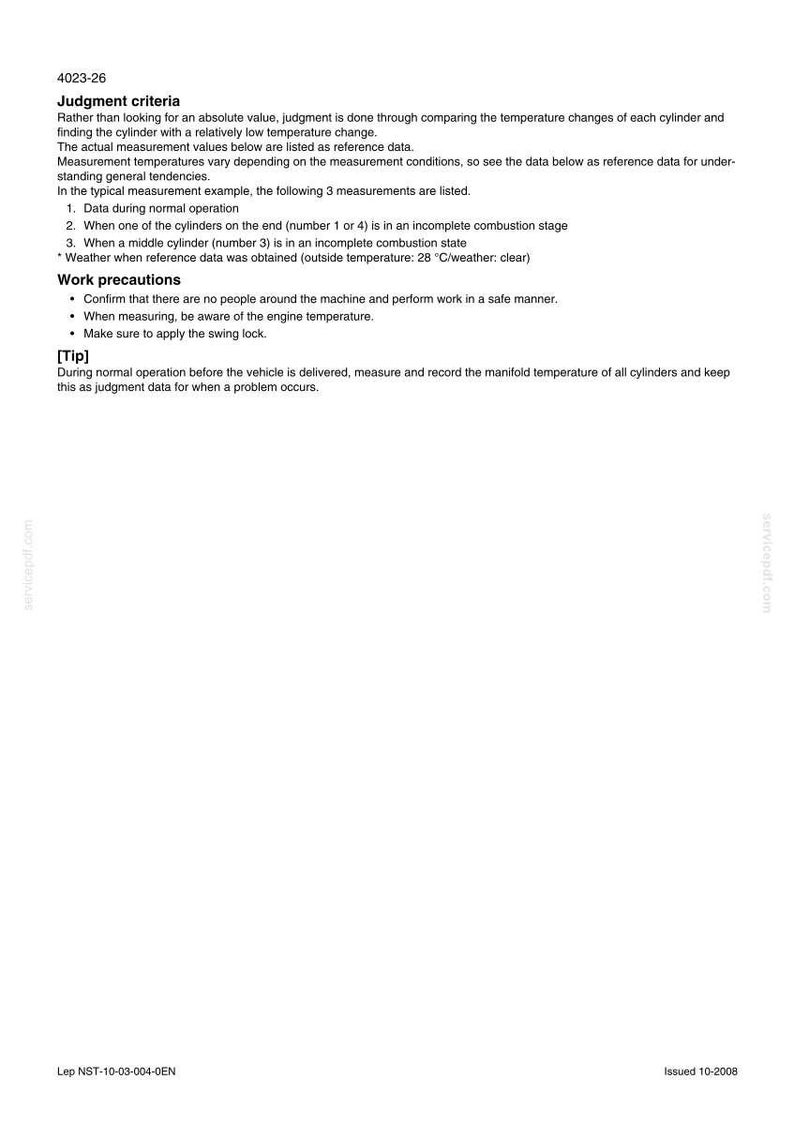 May include: A white document with the title "Judgment criteria" and numbered points detailing measurement procedures. Includes text about engine temperature and safe work practices. The document is dated 10-2008.