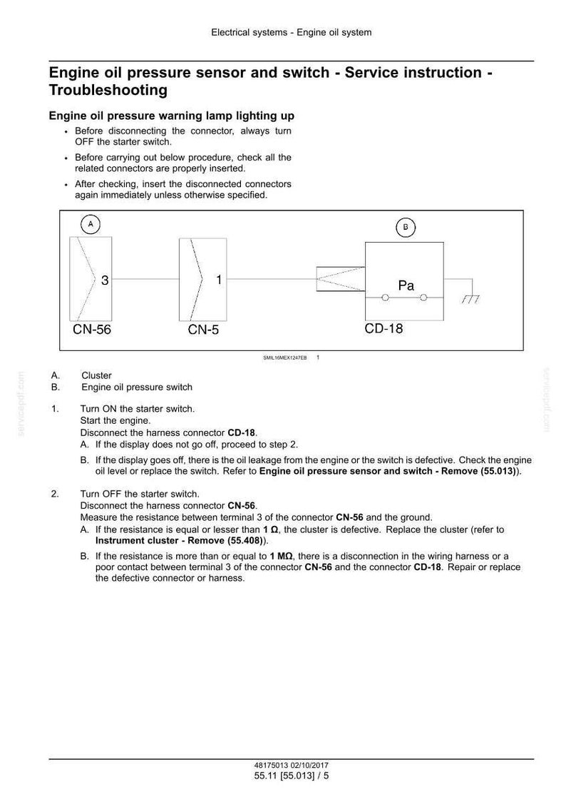 May include: Diagram of an engine oil pressure sensor and switch, with labels CN-56, CN-5, and CD-18. Instructions include steps for troubleshooting the oil pressure warning lamp, including connector checks and resistance measurements.