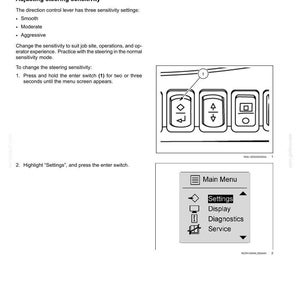 May include: Page from an operating manual showing machine settings and instructions for adjusting steering sensitivity. The image includes a diagram of control panel buttons and a menu with options like Settings and Display.