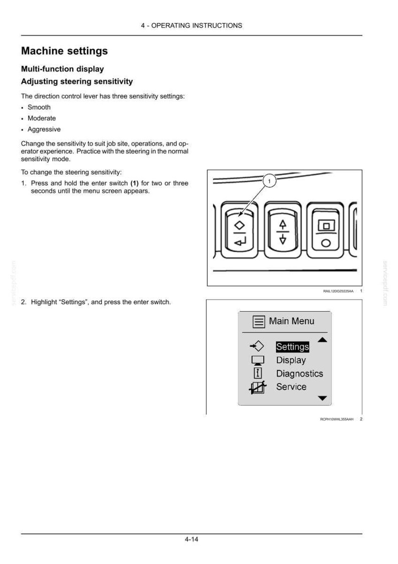 May include: Page from an operating manual showing machine settings and instructions for adjusting steering sensitivity. The image includes a diagram of control panel buttons and a menu with options like Settings and Display.