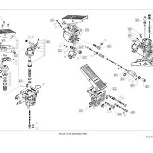 May include: A technical exploded view diagram of a brake valve assembly, featuring black line drawings on a white background. The image displays various mechanical components, including pedals, springs, valves, and fasteners, labeled with reference numbers.