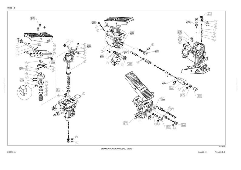 May include: A technical exploded view diagram of a brake valve assembly, featuring black line drawings on a white background. The image displays various mechanical components, including pedals, springs, valves, and fasteners, labeled with reference numbers.
