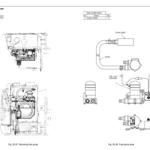 May include: Diagram of a fuel pump assembly, including a fuel pump, strainer, and hose, with labels for components and connections. The image is a technical illustration with black lines on a white background.