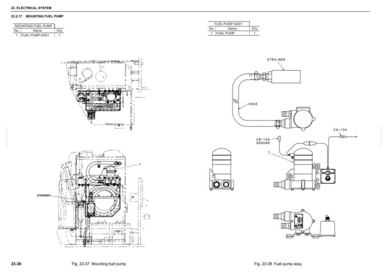 May include: Diagram of a fuel pump assembly, including a fuel pump, strainer, and hose, with labels for components and connections. The image is a technical illustration with black lines on a white background.
