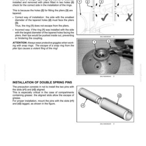 May include: Diagram illustrating the installation of snap rings and double spring pins. The image includes diagrams with labels and instructions for proper installation, including the use of pliers and the alignment of slots.