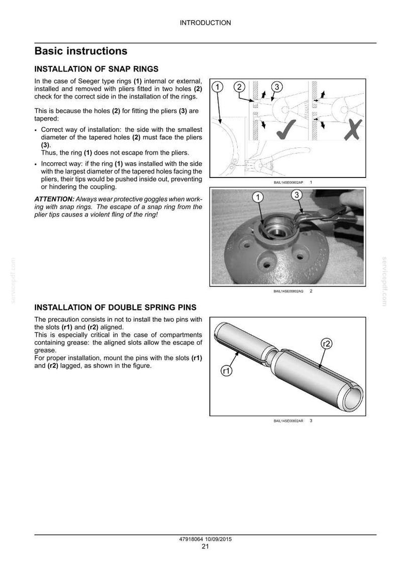 May include: Diagram illustrating the installation of snap rings and double spring pins. The image includes diagrams with labels and instructions for proper installation, including the use of pliers and the alignment of slots.