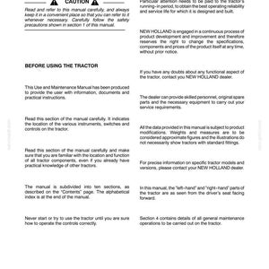 Pu&ograve; includere: Una pagina di un manuale per trattori New Holland intitolata Sezione 2. Il testo fornisce istruzioni sulla lettura del manuale, precauzioni di sicurezza e contatti con i rivenditori per assistenza, pezzi di ricambio o informazioni sull'uso.