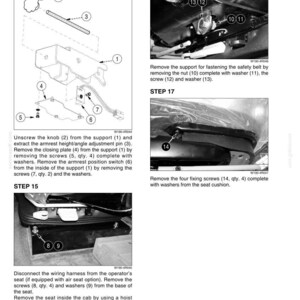May include: Diagram of mechanical components with labels and instructions. Includes steps for removing parts like screws, nuts, and washers. Text instructions are provided for each step, detailing the process.