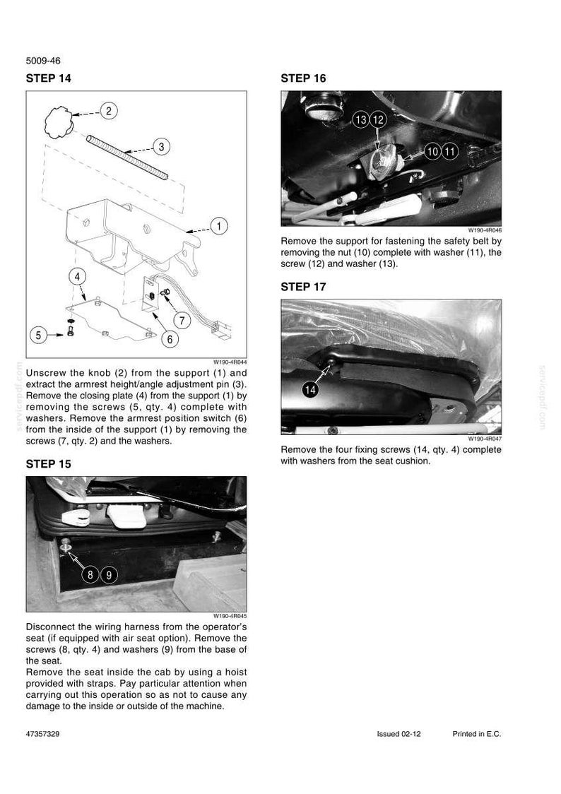 May include: Diagram of mechanical components with labels and instructions. Includes steps for removing parts like screws, nuts, and washers. Text instructions are provided for each step, detailing the process.