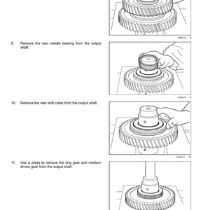 K&ouml;nnte beinhalten: Diagramm eines Dreschmechanismus-Antriebssystems, das die Entfernung von Zahnr&auml;dern und Lagern von der Abtriebswelle zeigt. Enth&auml;lt Textanweisungen und Illustrationen.