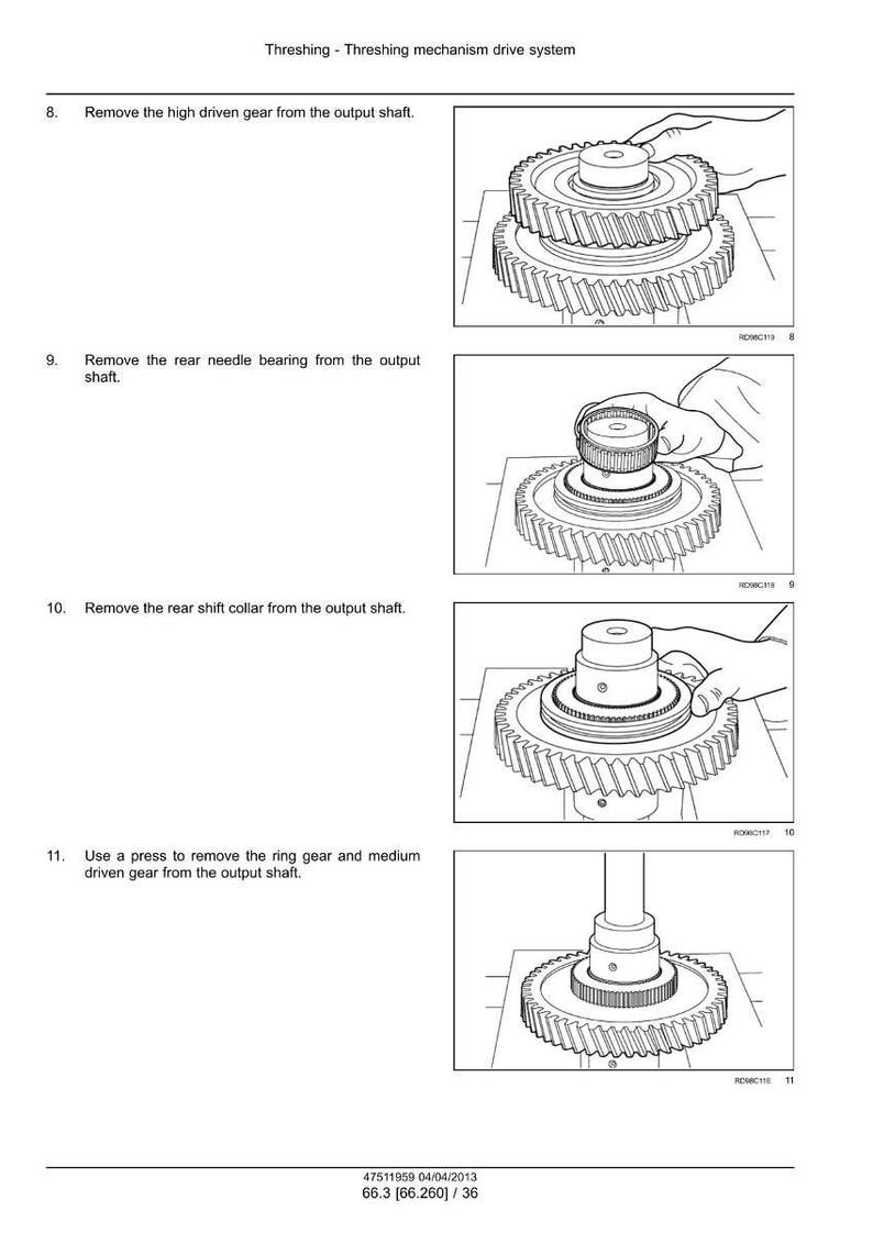 K&ouml;nnte beinhalten: Diagramm eines Dreschmechanismus-Antriebssystems, das die Entfernung von Zahnr&auml;dern und Lagern von der Abtriebswelle zeigt. Enth&auml;lt Textanweisungen und Illustrationen.