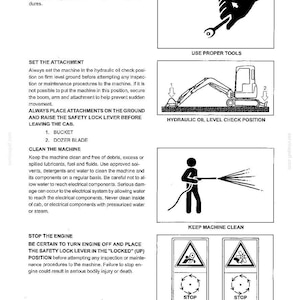 Op de afbeelding: Een technische documentpagina getiteld 1. SAFETY PRECAUTIONS met zwart-wit illustraties. Het bevat instructies voor het gebruik van het juiste gereedschap, het positioneren van de graafmachine voor oliecontrole, het reinigen en het stoppen van de motor.