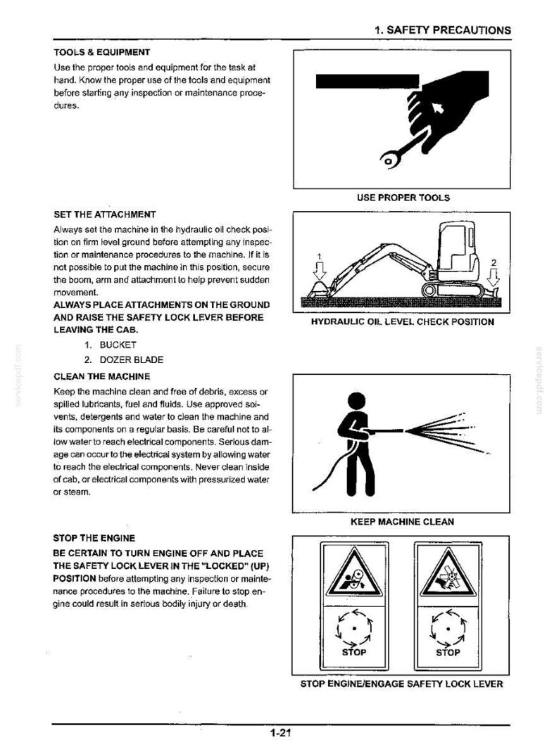 Op de afbeelding: Een technische documentpagina getiteld 1. SAFETY PRECAUTIONS met zwart-wit illustraties. Het bevat instructies voor het gebruik van het juiste gereedschap, het positioneren van de graafmachine voor oliecontrole, het reinigen en het stoppen van de motor.