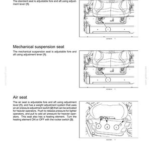 May include: Diagram of an operator's seat with three types: standard, mechanical suspension, and air seat. Each seat type is illustrated with a diagram and labeled with adjustment levers and switches.