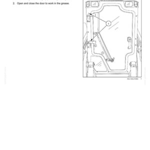 May include: Diagram of a cab door with grease fitting points labeled. The text indicates the need to grease the door hinges every 500 hours with TUTELA MOLY GREASE GR-75. Instructions include cleaning fittings before greasing and opening/closing the door.