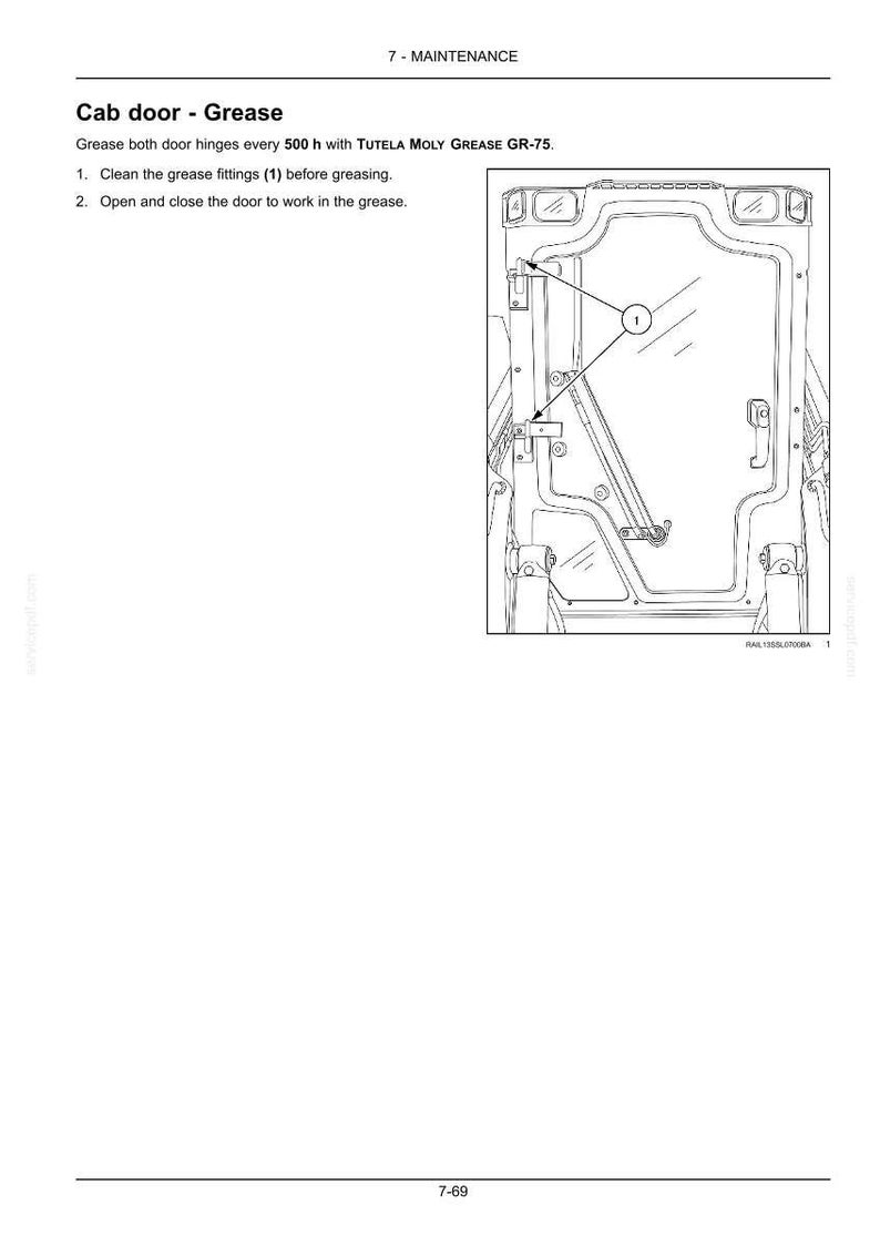 May include: Diagram of a cab door with grease fitting points labeled. The text indicates the need to grease the door hinges every 500 hours with TUTELA MOLY GREASE GR-75. Instructions include cleaning fittings before greasing and opening/closing the door.