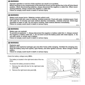 K&ouml;nnte beinhalten: Eine Seite aus einem technischen Handbuch mit der &Uuml;berschrift 6-MAINTENANCE, die Sicherheitshinweise und Anweisungen f&uuml;r die Batterie enth&auml;lt. Sie umfasst vier Warnhinweise zu Stromkreisen, S&auml;ure, Gasen und Explosionen sowie eine Skizze.