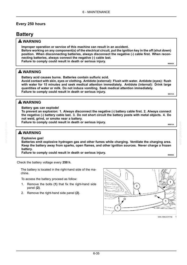 K&ouml;nnte beinhalten: Eine Seite aus einem technischen Handbuch mit der &Uuml;berschrift 6-MAINTENANCE, die Sicherheitshinweise und Anweisungen f&uuml;r die Batterie enth&auml;lt. Sie umfasst vier Warnhinweise zu Stromkreisen, S&auml;ure, Gasen und Explosionen sowie eine Skizze.
