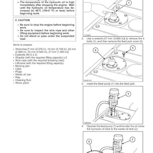 May include: Diagram illustrating the removal and installation of a hydraulic oil tank. Includes warnings, cautions, and a list of required items like wrenches (0.276 in, 0.748 in, 0.866 in, 0.945 in, 1.063 in), eyebolts, and a waste oil can. Step-by-step instructions with numbered illustrations.