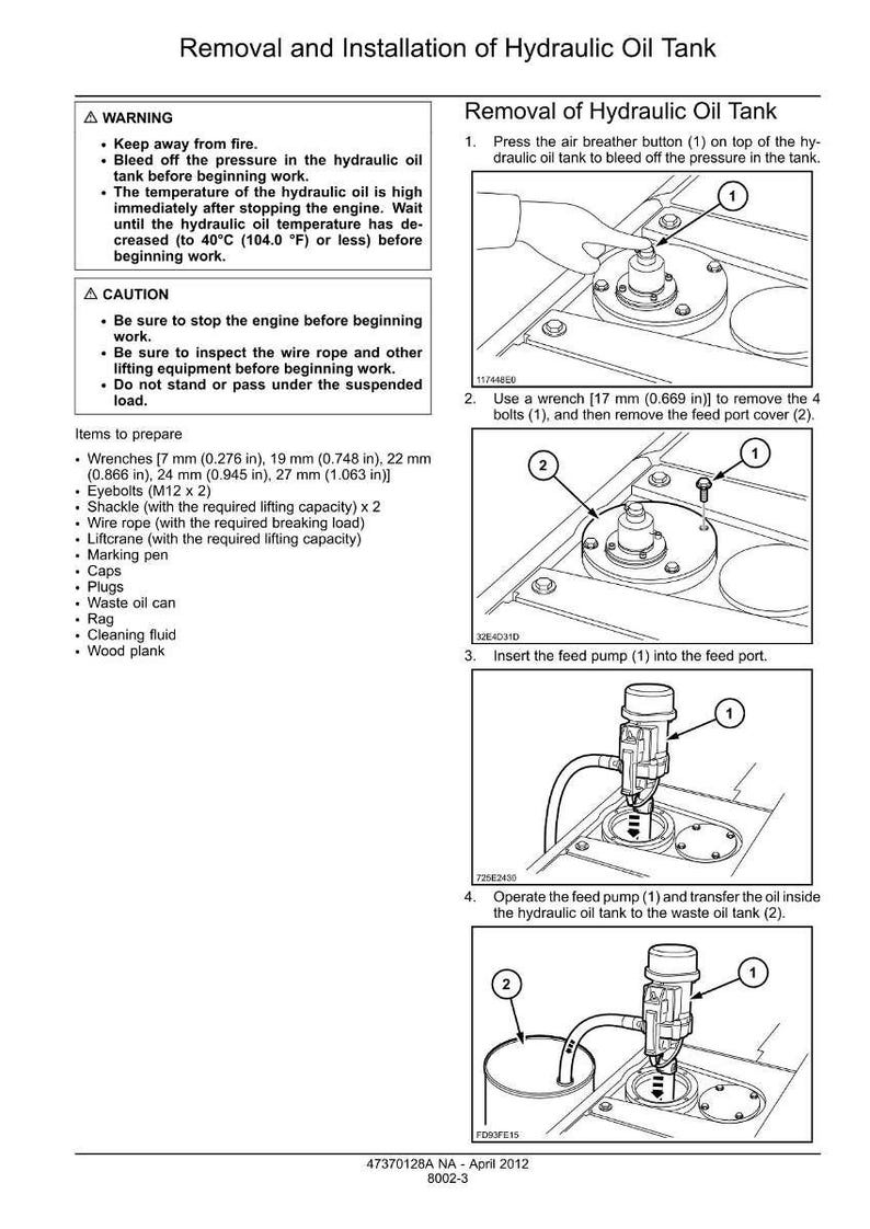 May include: Diagram illustrating the removal and installation of a hydraulic oil tank. Includes warnings, cautions, and a list of required items like wrenches (0.276 in, 0.748 in, 0.866 in, 0.945 in, 1.063 in), eyebolts, and a waste oil can. Step-by-step instructions with numbered illustrations.