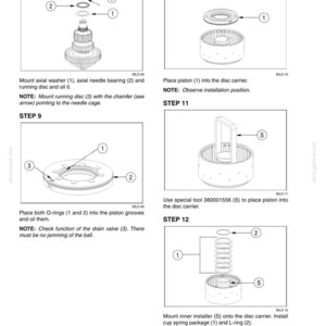 May include: Diagrams detailing mechanical assembly stages. Step 8 shows the mounting of components, including a washer and bearing. Step 9 details O-ring placement. Step 10 shows piston insertion. Step 11 uses a special tool. Step 12 shows the installation of a spring package.
