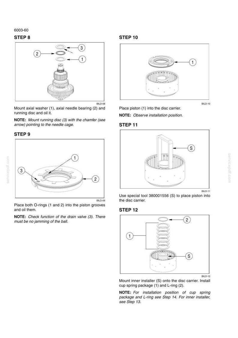May include: Diagrams detailing mechanical assembly stages. Step 8 shows the mounting of components, including a washer and bearing. Step 9 details O-ring placement. Step 10 shows piston insertion. Step 11 uses a special tool. Step 12 shows the installation of a spring package.
