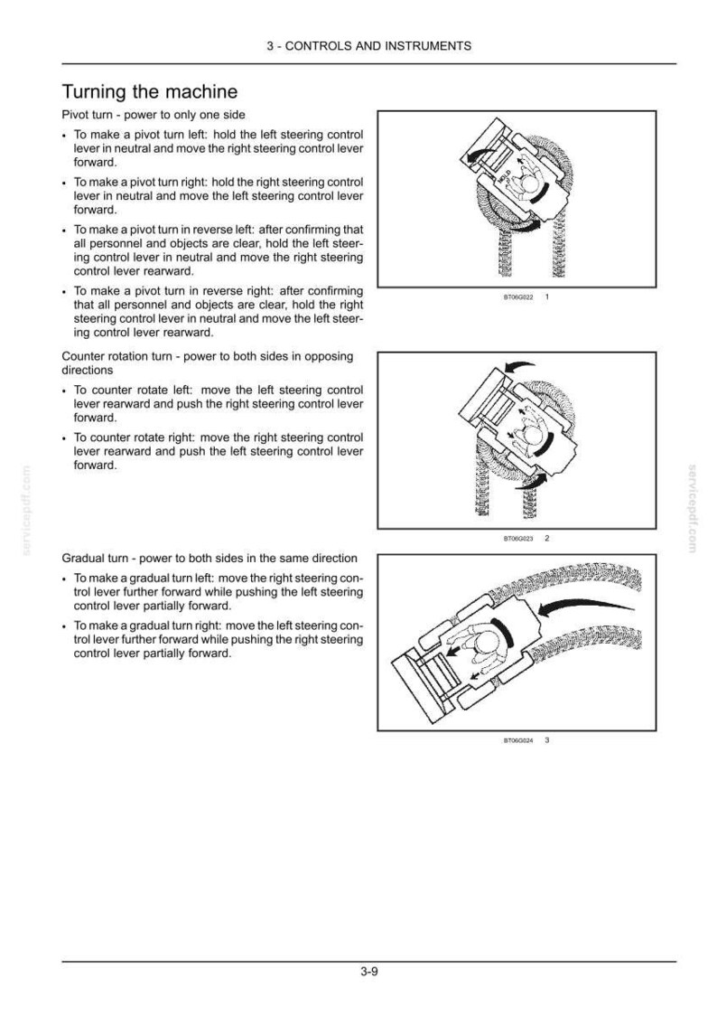May include: A technical manual page titled 3-CONTROLS AND INSTRUMENTS, featuring black and white line drawings of a machine operator performing pivot, counter rotation, and gradual turns, accompanied by detailed instructional text for each maneuver.