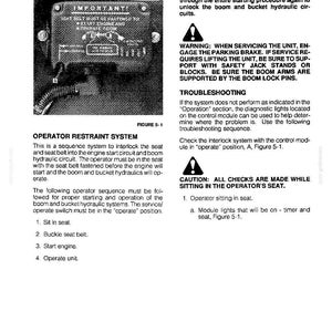 May include: A technical manual page titled TROUBLESHOOTING featuring a black and white diagram labeled FIGURE 5-1. The text provides instructions for an operator restraint system, including safety warnings, maintenance procedures, and a numbered list.