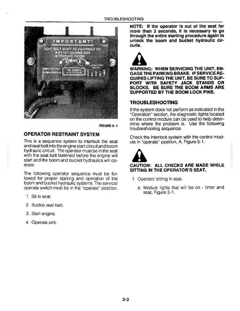 May include: A technical manual page titled TROUBLESHOOTING featuring a black and white diagram labeled FIGURE 5-1. The text provides instructions for an operator restraint system, including safety warnings, maintenance procedures, and a numbered list.