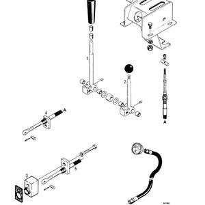 Puede incluir: Un diagrama expl&iacute;cito en blanco y negro de los componentes de control del cabrestante, que incluye palancas, cables y un soporte de montaje. La imagen est&aacute; etiquetada para identificar cada pieza. El diagrama est&aacute; etiquetado 9300-110.