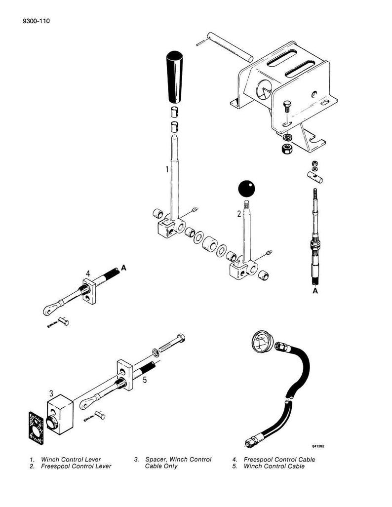 Puede incluir: Un diagrama expl&iacute;cito en blanco y negro de los componentes de control del cabrestante, que incluye palancas, cables y un soporte de montaje. La imagen est&aacute; etiquetada para identificar cada pieza. El diagrama est&aacute; etiquetado 9300-110.