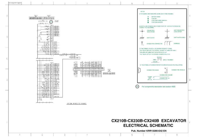 May include: An electrical schematic diagram for an excavator, featuring detailed wiring and component symbols. The diagram includes text and labels, with the title "CX210B-CX230B-CX240B EXCAVATOR ELECTRICAL SCHEMATIC".