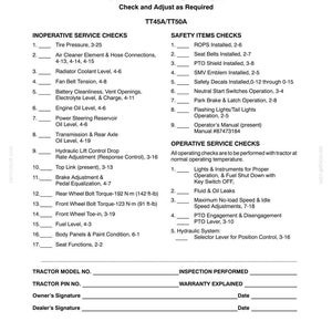 May include: A black and white document titled PREDELIVERY SERVICE for TT45A/TT50A tractors. It lists Inoperative Service Checks, Safety Items Checks, and Operative Service Checks with numbered lines for inspection, plus fields for signatures and dates.