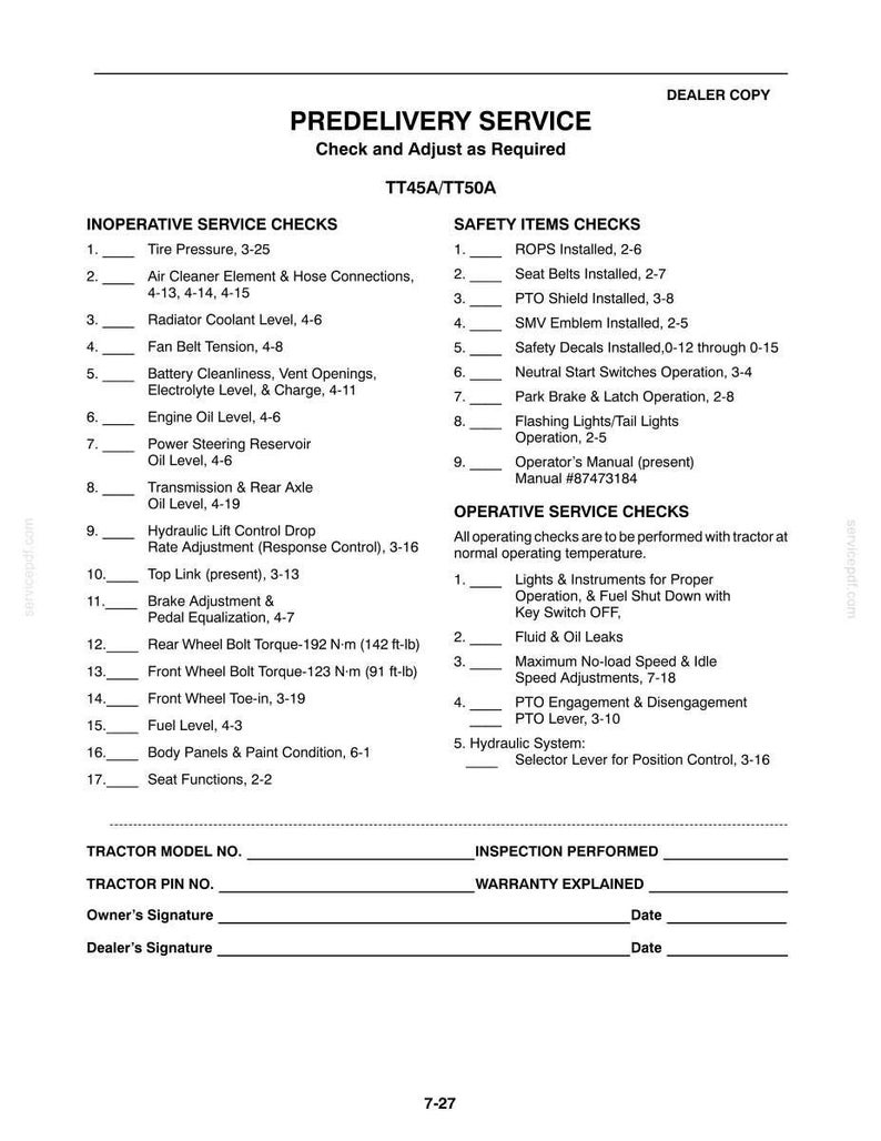 May include: A black and white document titled PREDELIVERY SERVICE for TT45A/TT50A tractors. It lists Inoperative Service Checks, Safety Items Checks, and Operative Service Checks with numbered lines for inspection, plus fields for signatures and dates.