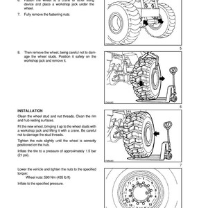 May include: Diagrams from a manual detailing wheel suspension and installation. The images show steps for removing and installing a wheel, including jacking points, nut removal, and wheel positioning. Text includes instructions and torque specifications.
