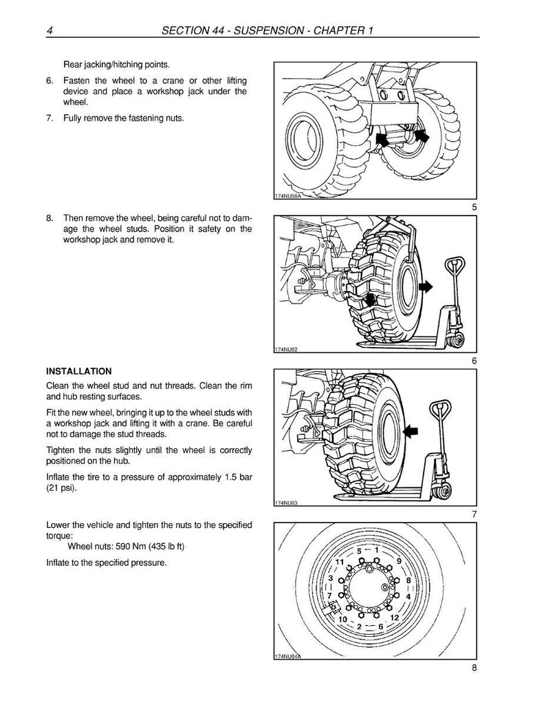 May include: Diagrams from a manual detailing wheel suspension and installation. The images show steps for removing and installing a wheel, including jacking points, nut removal, and wheel positioning. Text includes instructions and torque specifications.