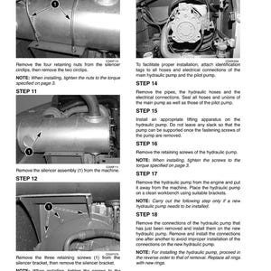 May include: A technical manual page with detailed instructions for hydraulic pump maintenance. The steps include removing nuts, circlips, and screws, with notes on tightening torques. The image shows close-ups of the machinery.