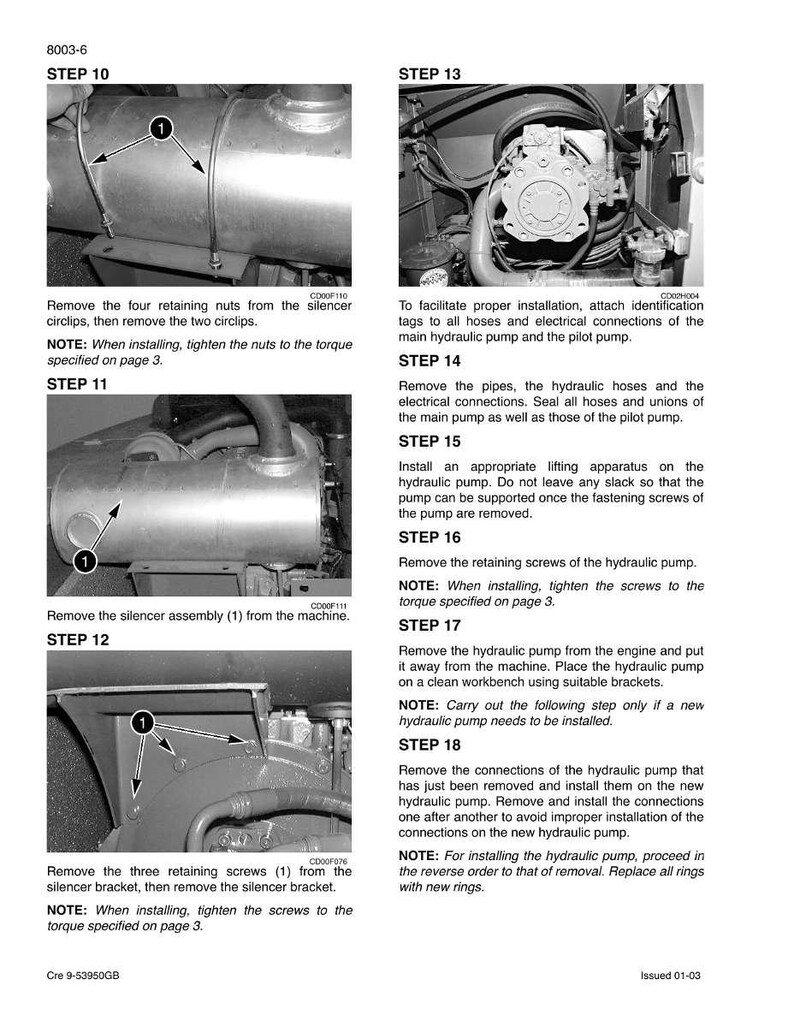 May include: A technical manual page with detailed instructions for hydraulic pump maintenance. The steps include removing nuts, circlips, and screws, with notes on tightening torques. The image shows close-ups of the machinery.