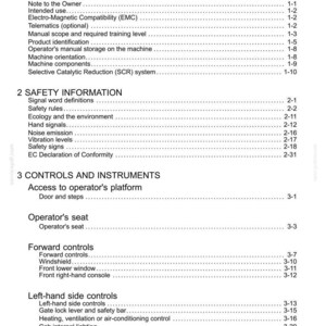 May include: A page from a manual titled "Contents" with a list of topics and page numbers. Sections include General Information, Safety Information, and Controls and Instruments. The text is black on a white background.