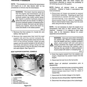 Pode incluir: P&aacute;gina de manual t&eacute;cnico a preto e branco com instru&ccedil;&otilde;es para remo&ccedil;&atilde;o e instala&ccedil;&atilde;o do motor e transmiss&atilde;o. A p&aacute;gina inclui diagramas, avisos e passos numerados.
