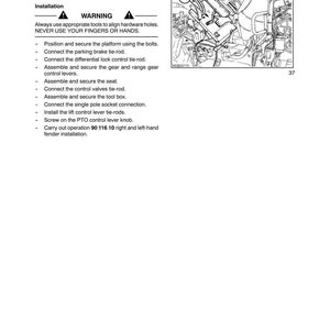 May include: A technical manual page titled SECTION 90 - PLATFORM, CAB, BODYWORK - CHAPTER 1, featuring a black and white line drawing of tractor components labeled with the number 1, alongside installation instructions and a safety warning.