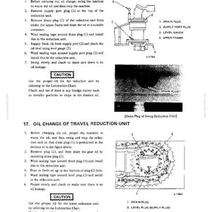 May include: A technical manual page titled 16. OIL CHANGE OF SWING REDUCTION UNIT and 17. OIL CHANGE OF TRAVEL REDUCTION UNIT. It features black and white line drawings of machinery components, numbered labels, and instructional text for maintenance procedures.