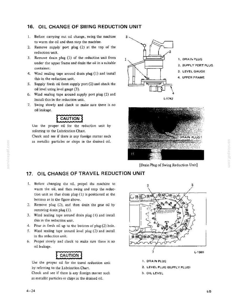 May include: A technical manual page titled 16. OIL CHANGE OF SWING REDUCTION UNIT and 17. OIL CHANGE OF TRAVEL REDUCTION UNIT. It features black and white line drawings of machinery components, numbered labels, and instructional text for maintenance procedures.