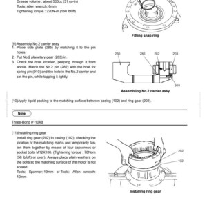 May include: Diagram of an upper slewing structure assembly with labels and instructions. Includes illustrations of fitting a snap ring, assembling a carrier assy, and installing a ring gear. Text includes measurements and tool specifications.