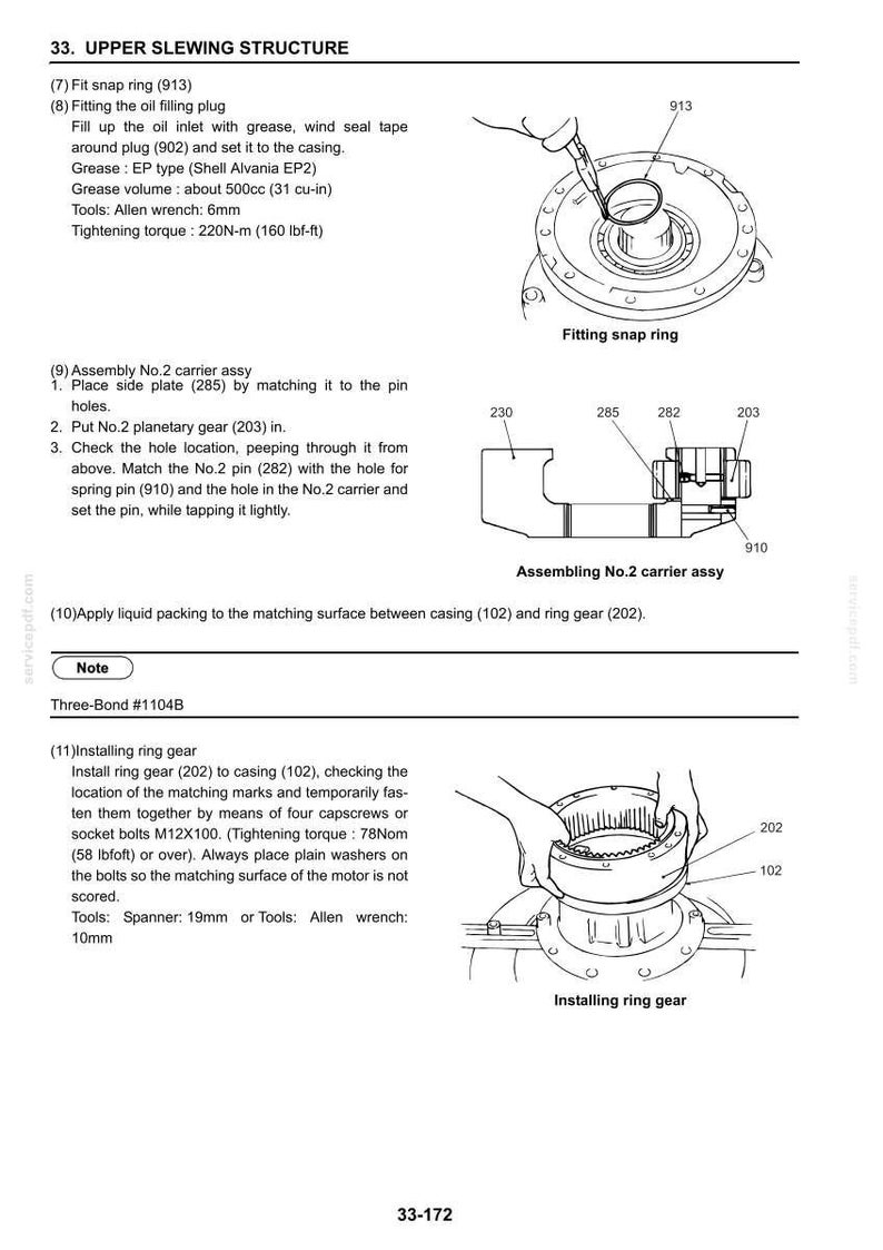 May include: Diagram of an upper slewing structure assembly with labels and instructions. Includes illustrations of fitting a snap ring, assembling a carrier assy, and installing a ring gear. Text includes measurements and tool specifications.