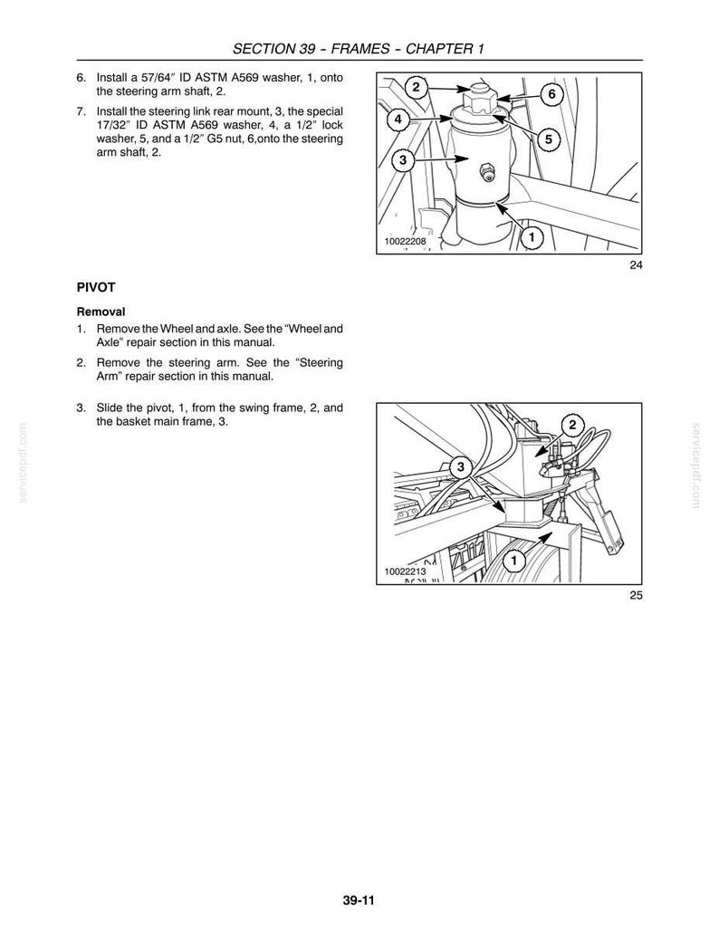 Puede incluir: Una p&aacute;gina de manual t&eacute;cnico titulada SECTION 39 - FRAMES - CHAPTER 1, que presenta dos dibujos lineales en blanco y negro de ensamblajes mec&aacute;nicos con piezas numeradas. El texto proporciona instrucciones para la instalaci&oacute;n de una arandela y una tuerca.