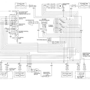 May include: Detailed electrical schematic diagram for a 12-volt cab harness, featuring components like headlamps, wiper motors, and a blower motor. The diagram includes text labels and circuit symbols, all in black and white.