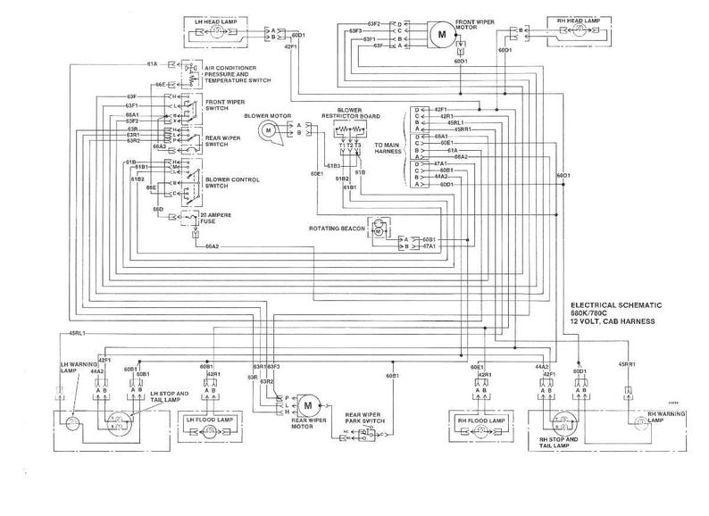 May include: Detailed electrical schematic diagram for a 12-volt cab harness, featuring components like headlamps, wiper motors, and a blower motor. The diagram includes text labels and circuit symbols, all in black and white.