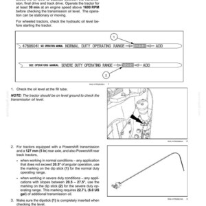 May include: A technical manual page titled 7-MAINTENANCE detailing transmission oil level procedures. It includes diagrams of a dipstick with NORMAL DUTY and SEVERE DUTY operating ranges, a fill tube location illustration, and a dipstick drawing.